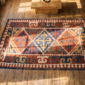 Antique Shyrdak Kerghiz Flat Weave Rug (SKU 19344) - styled overhead view
