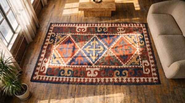 Antique shyrdak kerghiz flat weave rug 2 Antique shyrdak kerghiz flat weave rug (sku 19344) - styled overhead view