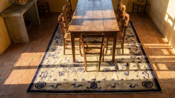Antique silk chinese floral, medallion knotted rug 2 Antique silk chinese floral, medallion knotted rug (sku 23736) - styled overhead view