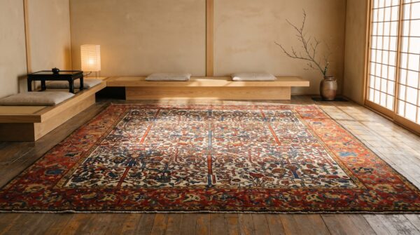 Antique wool & silk ivory beige cream white hand knotted pile rug 9 Antique wool & silk ivory beige cream white hand knotted pile rug (sku 22722) - room view
