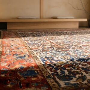 Antique Wool & Silk Ivory Beige Cream White Hand Knotted Pile Rug (SKU 22722) - in-room detail