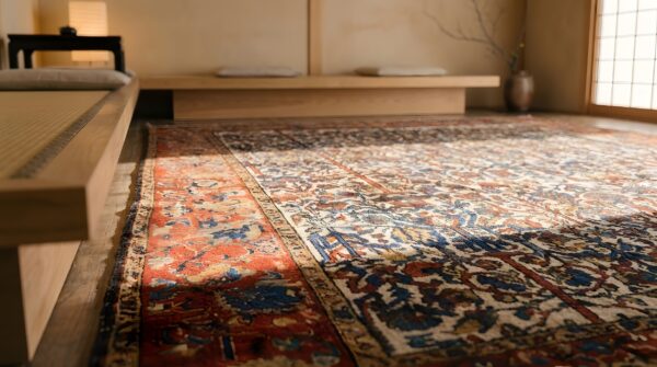 Antique wool & silk ivory beige cream white hand knotted pile rug 10 Antique wool & silk ivory beige cream white hand knotted pile rug (sku 22722) - in-room detail