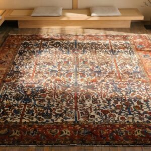 Antique Wool & Silk Ivory Beige Cream White Hand Knotted Pile Rug (SKU 22722) - styled overhead view