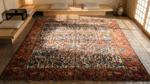 Antique wool & silk ivory beige cream white hand knotted pile rug 2 Antique wool & silk ivory beige cream white hand knotted pile rug (sku 22722) - styled overhead view