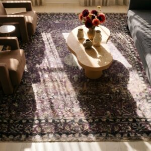 Antique Silk Kashan Hallway Runner Rug - Rare Purple Persian Weave (SKU 25819) - styled overhead view