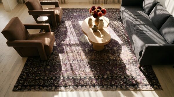 Antique silk kashan hallway runner rug - rare purple persian weave 2 Antique silk kashan hallway runner rug - rare purple persian weave (sku 25819) - styled overhead view