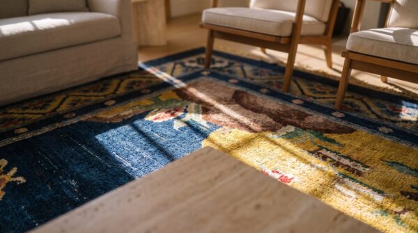 Antique silk small scatter size silk blue, yellow rug 10 Antique silk small scatter size silk blue, yellow rug (sku 24701) - in-room detail