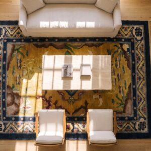 Antique Silk Small Scatter Size Silk Blue, Yellow Rug (SKU 24701) - styled overhead view
