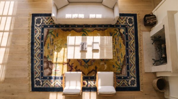Antique silk small scatter size silk blue, yellow rug 2 Antique silk small scatter size silk blue, yellow rug (sku 24701) - styled overhead view