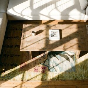 Antique Silk Small Scatter Size Silk Green Rug (SKU 24174) - styled overhead view
