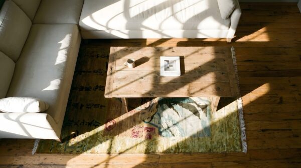 Antique silk small scatter size silk green rug 2 Antique silk small scatter size silk green rug (sku 24174) - styled overhead view