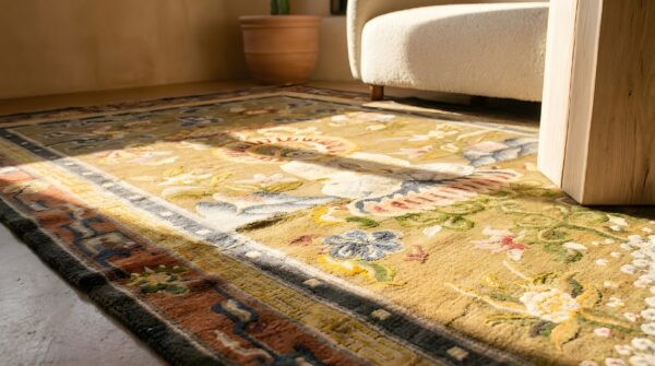 Antique silk small scatter size silk silver rug 12 Antique silk small scatter size silk silver rug (sku 23742) - in-room detail