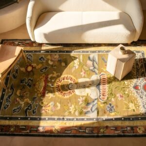 Antique Silk Small Scatter Size Silk Silver Rug (SKU 23742) - styled overhead view