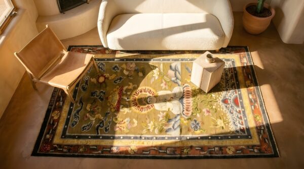 Antique silk small scatter size silk silver rug 2 Antique silk small scatter size silk silver rug (sku 23742) - styled overhead view