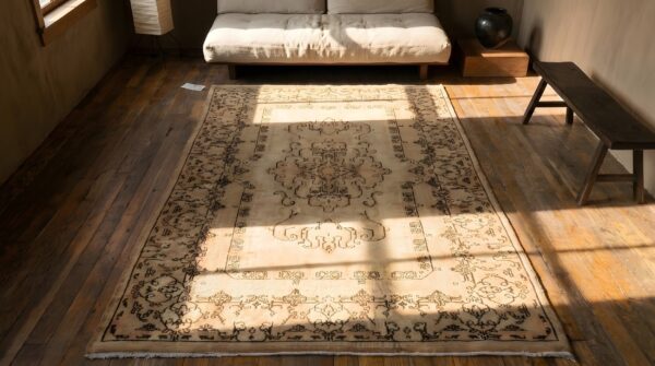 Antique sivas small scatter size wool ivory rug 2 Antique sivas small scatter size wool ivory rug (sku 22084) - styled overhead view