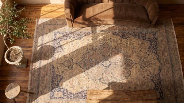 Antique sivas turkish knotted rug 2 Antique sivas turkish knotted rug (sku 19443) - styled overhead view