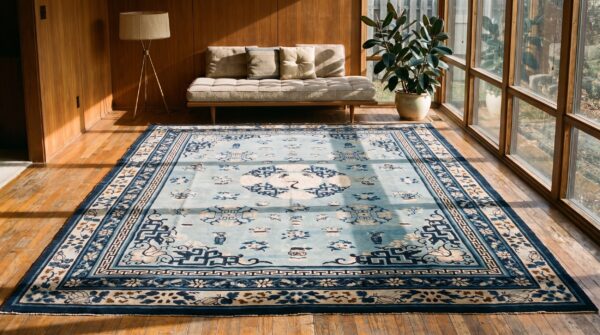 Antique sky blue color chinese white crane cloud band floral medallion peking rug 6 Antique sky blue color chinese white crane cloud band floral medallion peking rug (sku 22954) - room view