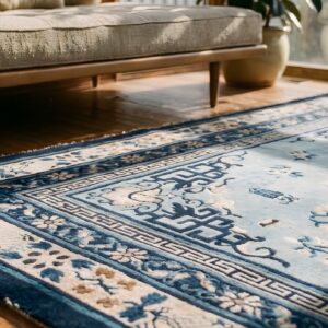 Antique Sky Blue Color Chinese White Crane Cloud Band Floral Medallion Peking Rug (SKU 22954) - in-room detail