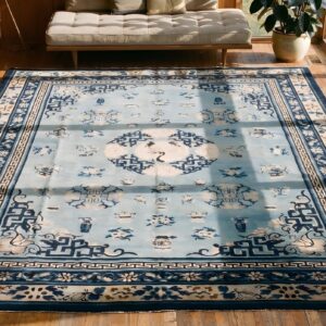 Antique Sky Blue Color Chinese White Crane Cloud Band Floral Medallion Peking Rug (SKU 22954) - styled overhead view