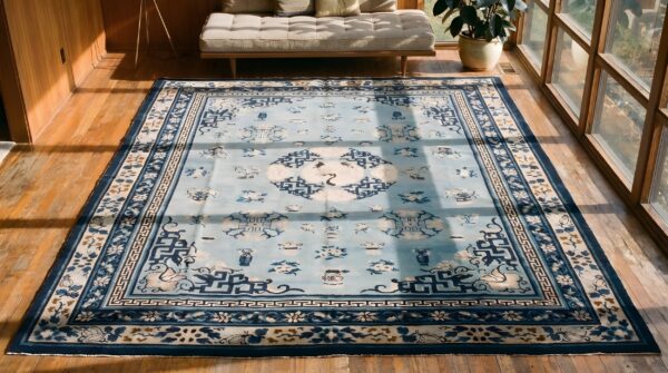 Antique sky blue color chinese white crane cloud band floral medallion peking rug 2 Antique sky blue color chinese white crane cloud band floral medallion peking rug (sku 22954) - styled overhead view