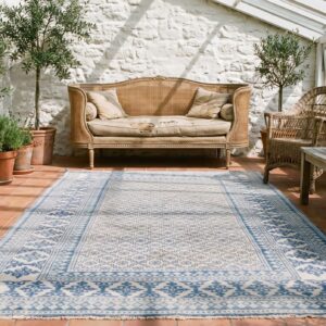 Small Allover Geometric White Blue Color Antique Cotton Pile Indian Agra Rug (SKU 21341) - room view
