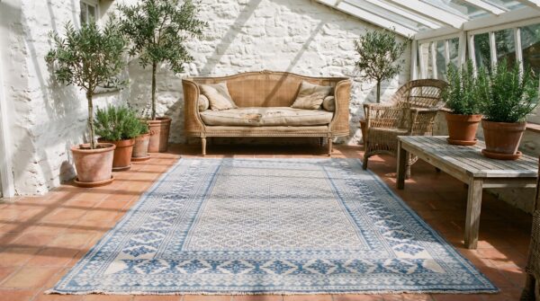 Small allover geometric white blue color antique cotton pile indian agra rug (sku 21341) - room view