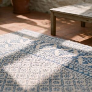 Small Allover Geometric White Blue Color Antique Cotton Pile Indian Agra Rug (SKU 21341) - in-room detail