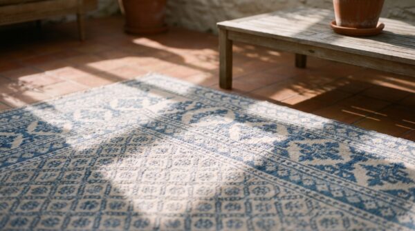Small allover geometric white blue color antique cotton pile indian agra rug (sku 21341) - in-room detail