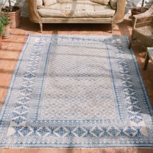 Small Allover Geometric White Blue Color Antique Cotton Pile Indian Agra Rug (SKU 21341) - styled overhead view