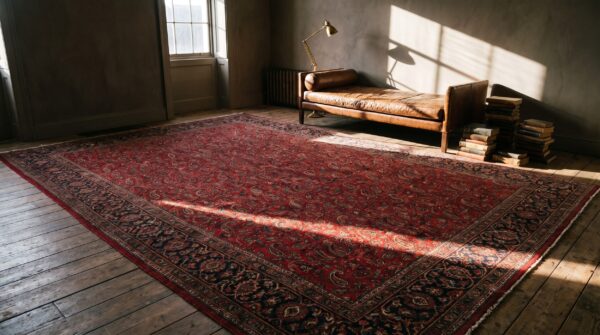 Small allover paisley pattern antique oversized red indian lahore carpet (sku 22528) - room view