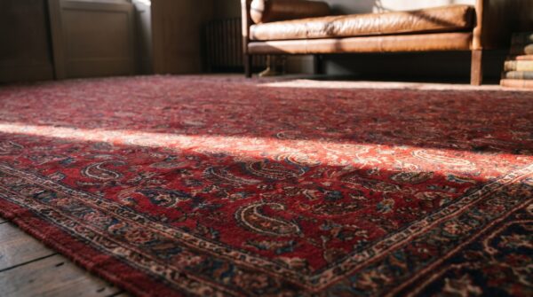 Small allover paisley pattern antique oversized red indian lahore carpet (sku 22528) - in-room detail
