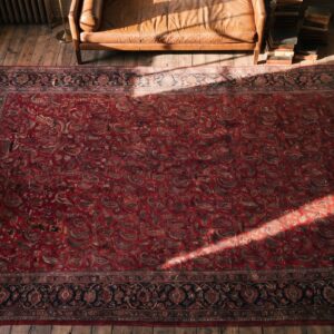 Small Allover Paisley Pattern Antique Oversized Red Indian Lahore Carpet (SKU 22528) - styled overhead view
