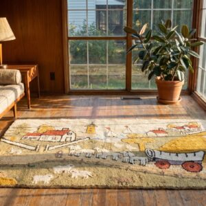 Small Antique American Folk Art Prairie Town Farm Animal Scene Hooked Rug (SKU 20144) - room view