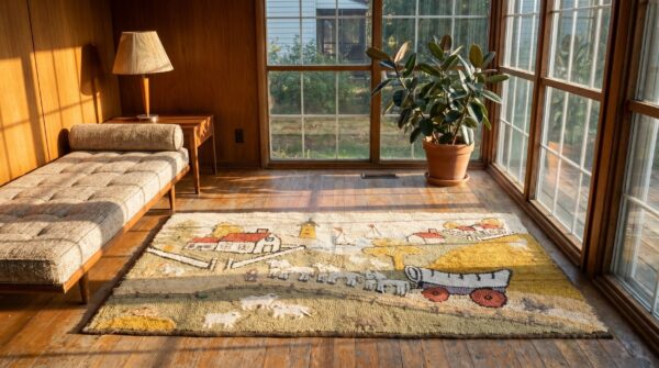 Small antique american folk art prairie town farm animal scene hooked rug 9 Small antique american folk art prairie town farm animal scene hooked rug (sku 20144) - room view