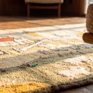 Small Antique American Folk Art Prairie Town Farm Animal Scene Hooked Rug (SKU 20144) - in-room detail
