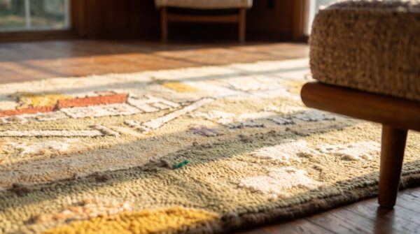 Small antique american folk art prairie town farm animal scene hooked rug 10 Small antique american folk art prairie town farm animal scene hooked rug (sku 20144) - in-room detail