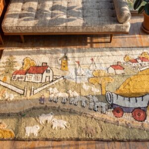 Small Antique American Folk Art Prairie Town Farm Animal Scene Hooked Rug (SKU 20144) - styled overhead view