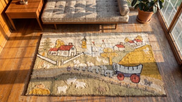 Small antique american folk art prairie town farm animal scene hooked rug 2 Small antique american folk art prairie town farm animal scene hooked rug (sku 20144) - styled overhead view