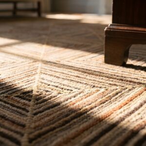 Small Antique American Log Cabin Folk Art Hooked Square Rug (SKU 23674) - in-room detail