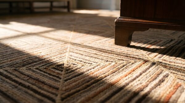 Small antique american log cabin folk art hooked square rug 8 Small antique american log cabin folk art hooked square rug (sku 23674) - in-room detail