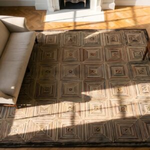 Small Antique American Log Cabin Folk Art Hooked Square Rug (SKU 23674) - styled overhead view