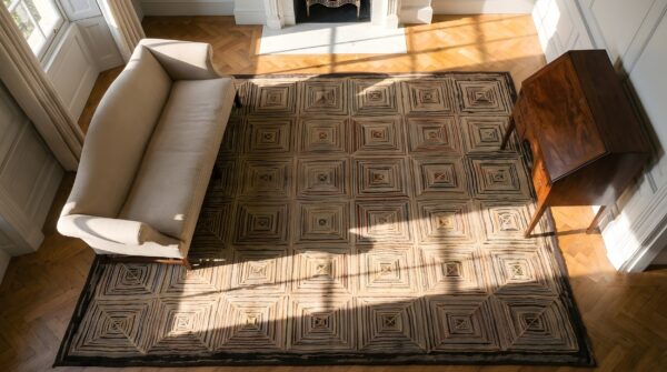 Small antique american log cabin folk art hooked square rug 2 Small antique american log cabin folk art hooked square rug (sku 23674) - styled overhead view