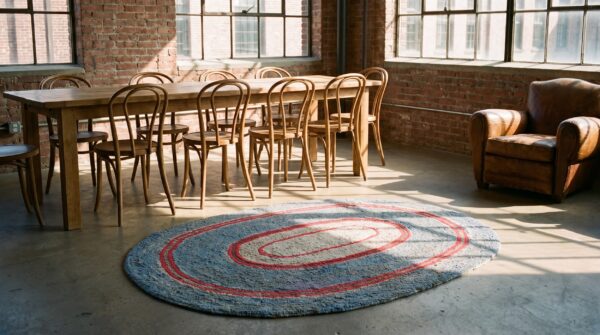 Small antique american minimalist folk art oval hooked rug 9 Small antique american minimalist folk art oval hooked rug (sku 20473) - room view