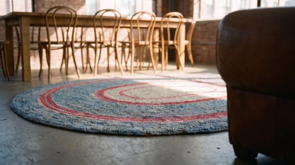 Small antique american minimalist folk art oval hooked rug 10 Small antique american minimalist folk art oval hooked rug (sku 20473) - in-room detail