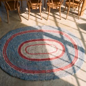 Small Antique American Minimalist Folk Art Oval Hooked Rug (SKU 20473) - styled overhead view