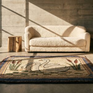 Small Artistic Pictorial White Swans Antique Folk Art American Hooked Rug (SKU 17268) - room view