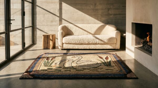 Small artistic pictorial white swans antique folk art american hooked rug 7 Small artistic pictorial white swans antique folk art american hooked rug (sku 17268) - room view