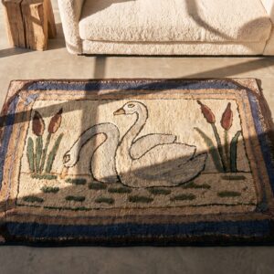 Small Artistic Pictorial White Swans Antique Folk Art American Hooked Rug (SKU 17268) - styled overhead view