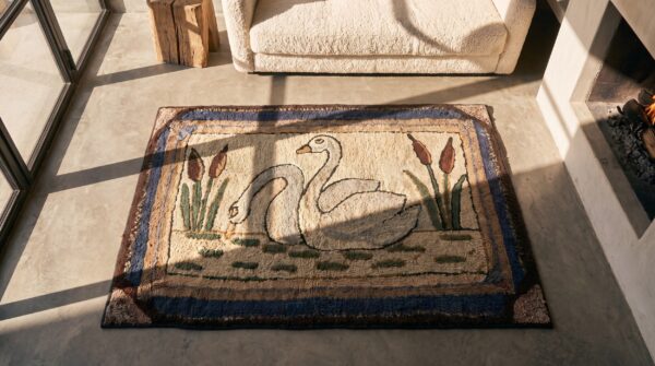 Small artistic pictorial white swans antique folk art american hooked rug 2 Small artistic pictorial white swans antique folk art american hooked rug (sku 17268) - styled overhead view