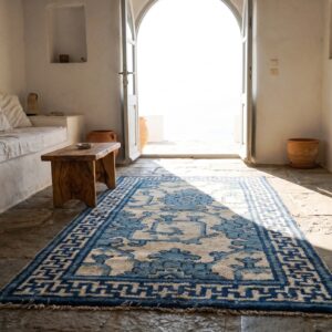 Small Artistic Scatter Size Antique Chinese Ningxia Blue and White Color Rug (SKU 21904) - room view